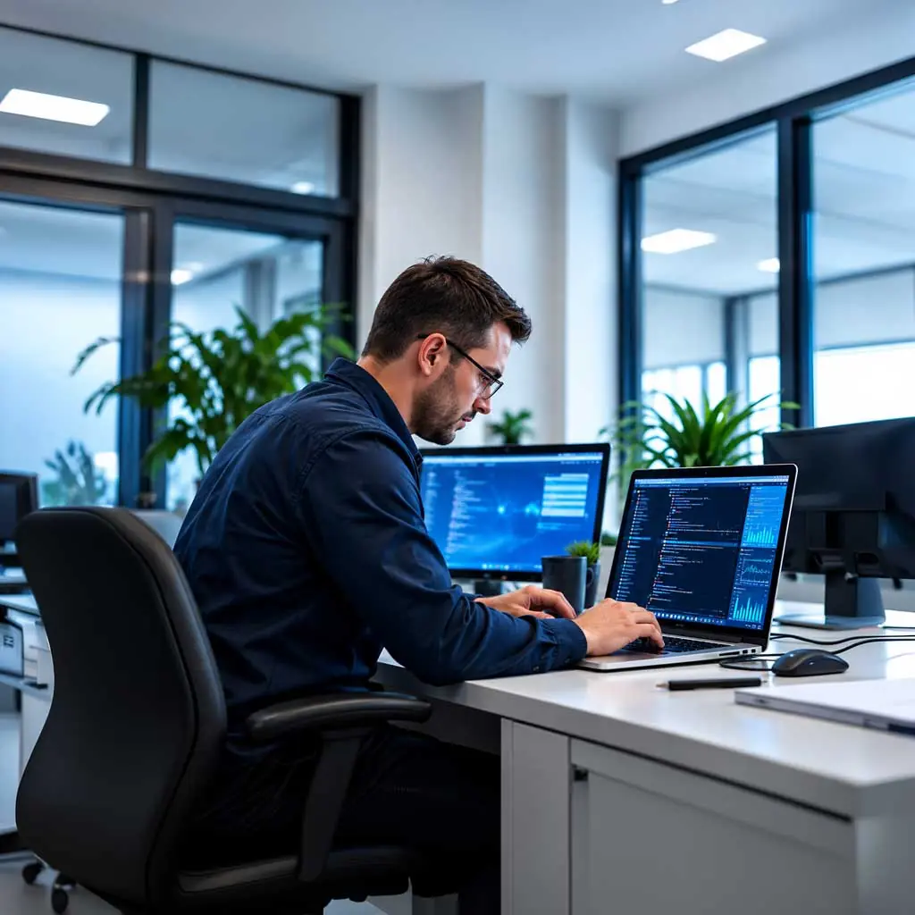 IT engineer working on a laptop at an office desk