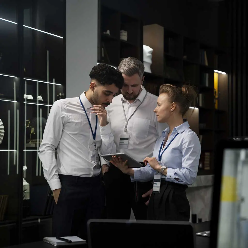 IT support team reviewing a tablet together in an office